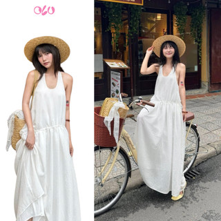 Đầm maxi OLV trắng cổ tròn tầng xòe nhẹ White Round Neck Tiered Maxi Dress