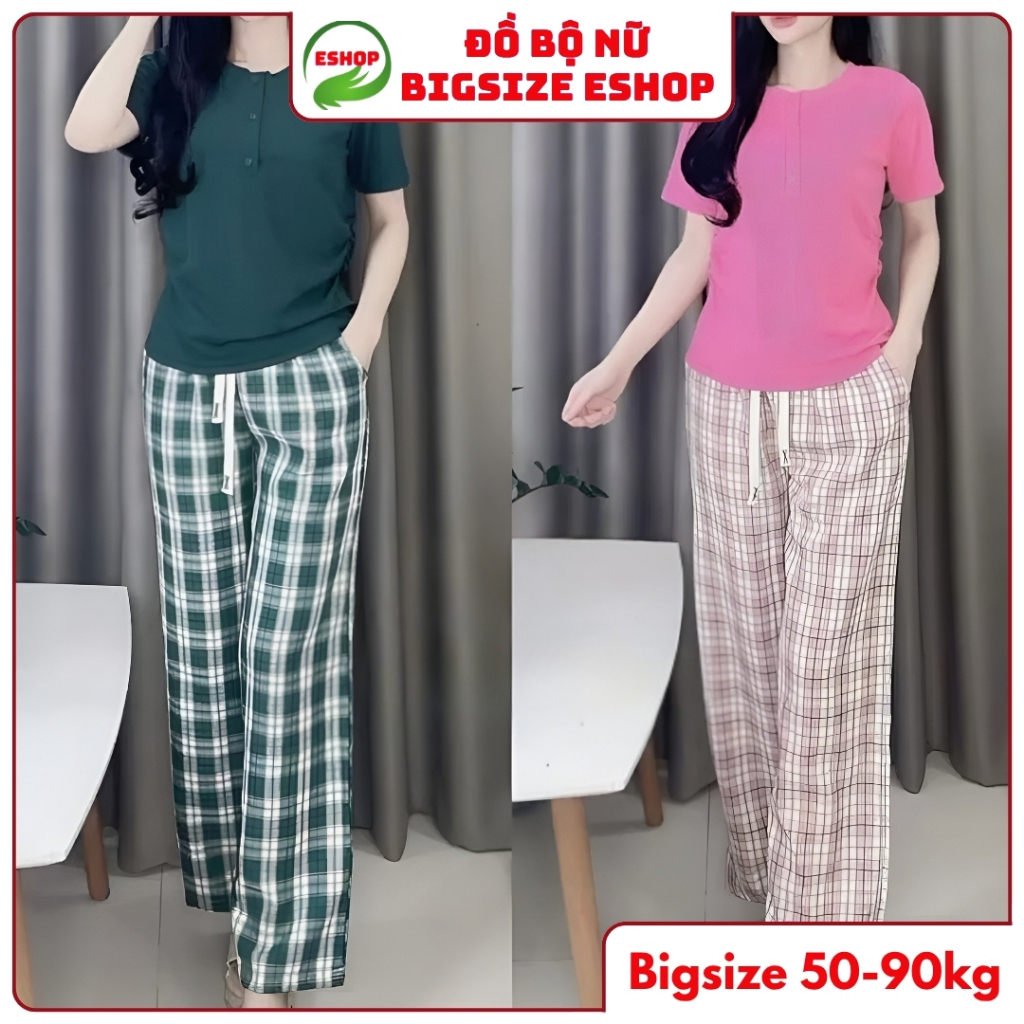 Đồ Bộ Nữ Quần Ống Suông Nữ Cạp Cao Bigsize - Set Bộ Suông Quần Caro Đồ Mặc Nhà Đẹp Dễ Thương DB669