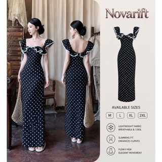 Nova-Đầm Maxi Cánh Viền Bèo Ren Chấm Bi Đầm Nữ Đen Trắng Dáng Dài Sang Chảnh Đi Chơi Biển Tôn Dáng