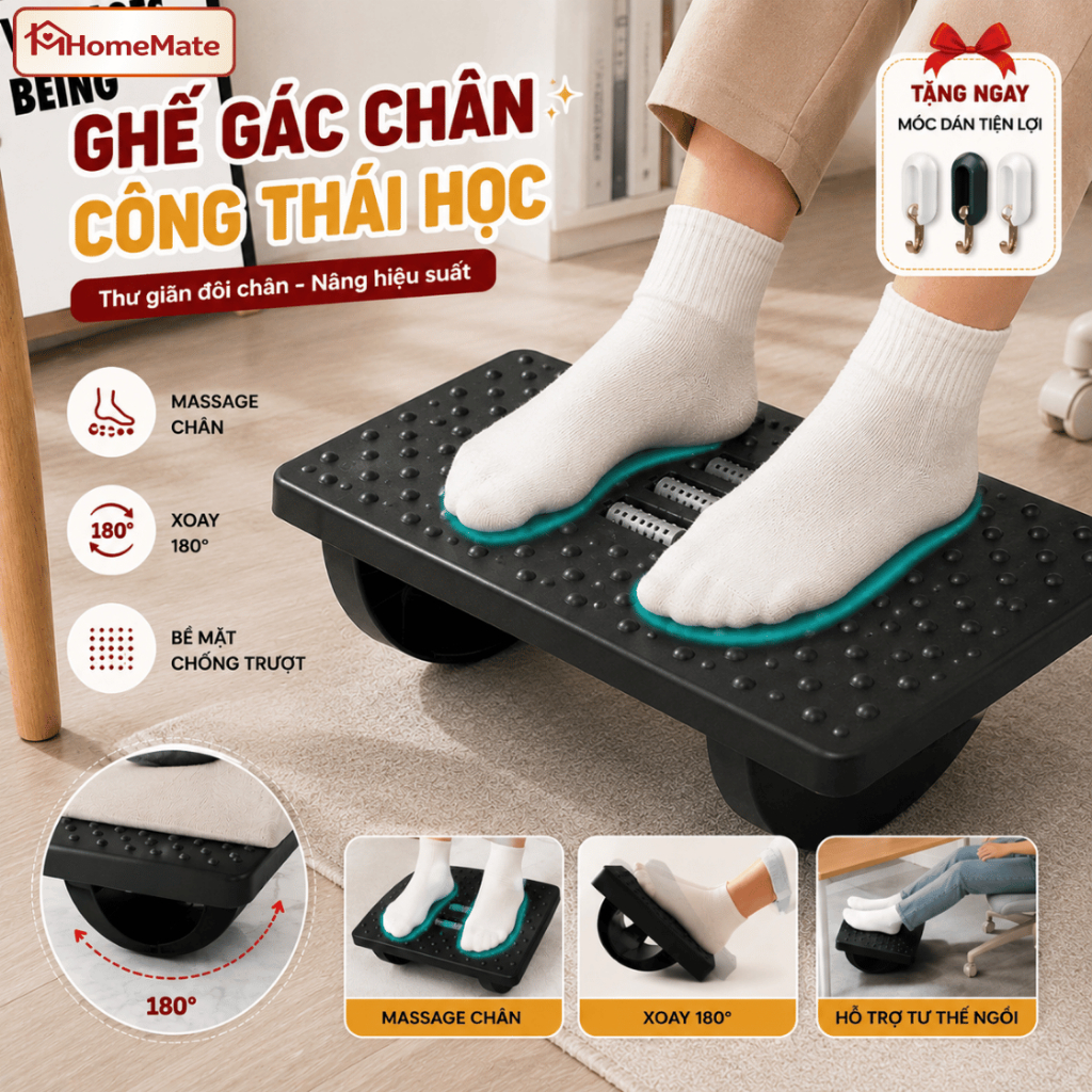 Ghế Gác Chân Công Thái Học HomeMate Tích Hợp Massage, Kệ Kê Chân Văn Phòng Gaming Giảm Mỏi Chân Thư Giãn