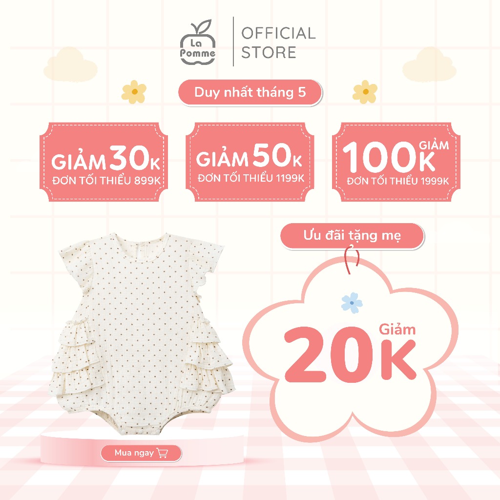 Body cộc tay La Pomme chấm bi điệu đà - Sợi Natural Cotton thoáng mát – Bé gái - 3M - 12M