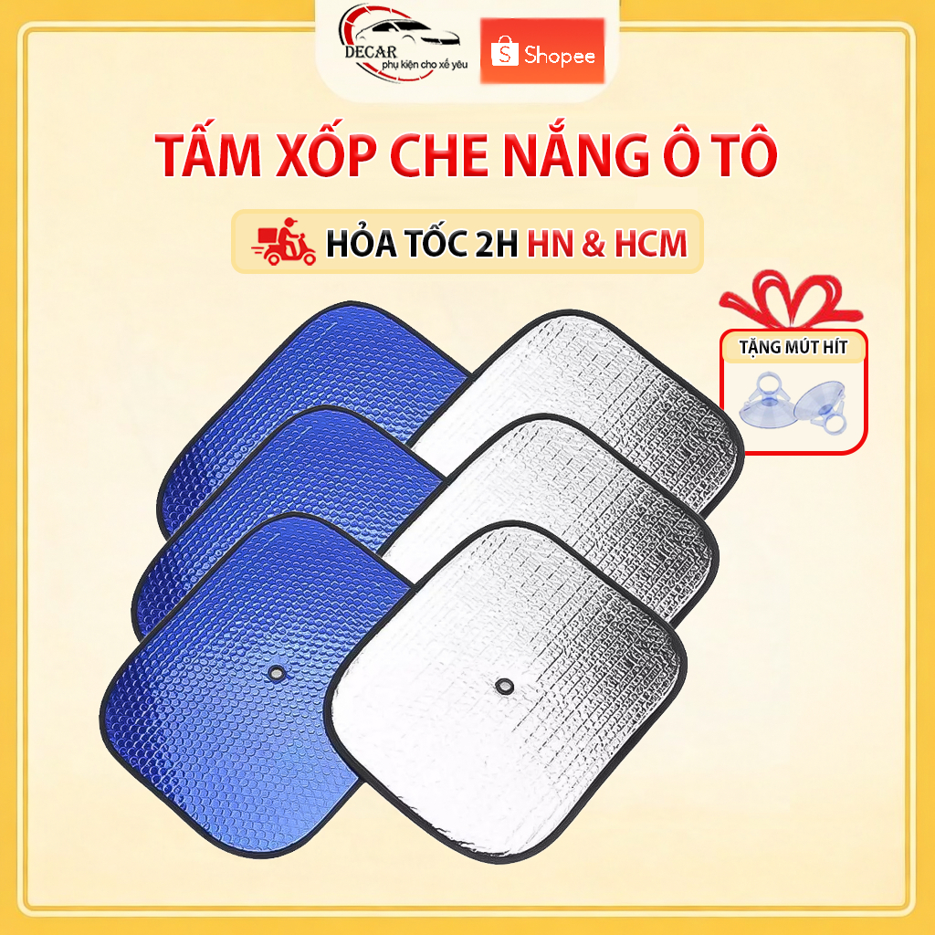 Combo 6 Tấm Che Nắng Ô Tô Chống Nắng Chống Tia UV, Tấm Chắn Nắng Cửa Kính Ô Tô Có Mút Hít Cách Nhiệt