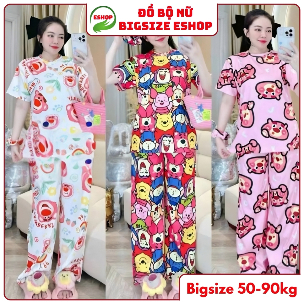 Đồ Bộ Nữ Bigsize Quần Suông Cạp Cao Có Túi Thun Tăm Lạnh Form Rộng Tay Lửng Hoạt Hình ESHOP DB168