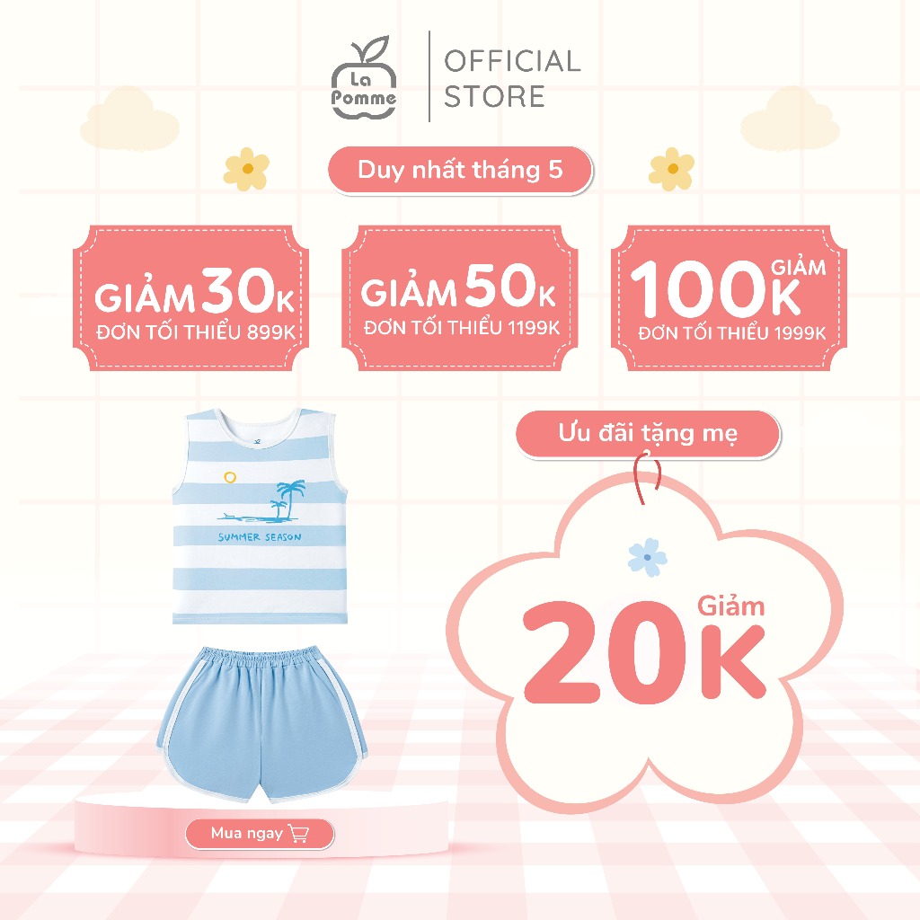 Bộ sát nách La Pomme họa tiết cùng đón bình minh lên - Sợi Natural Cotton thoáng mát – Bé trai - 6M - 5Y