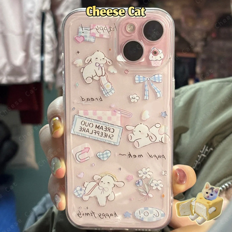 Ốp lưng điện thoại hình cừu kẻ caro xanh dương có nơ cho iPhone 16 12 11 15 14 13 17 Pro Max Xs XR 7 Plus SE trong suốt
