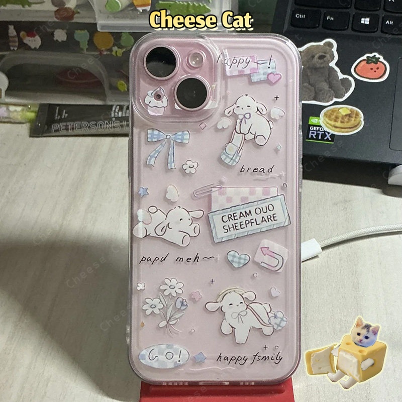 Ốp lưng điện thoại hình cừu kẻ caro xanh dương có nơ cho iPhone 16 12 11 15 14 13 17 Pro Max Xs XR 7 Plus SE trong suốt