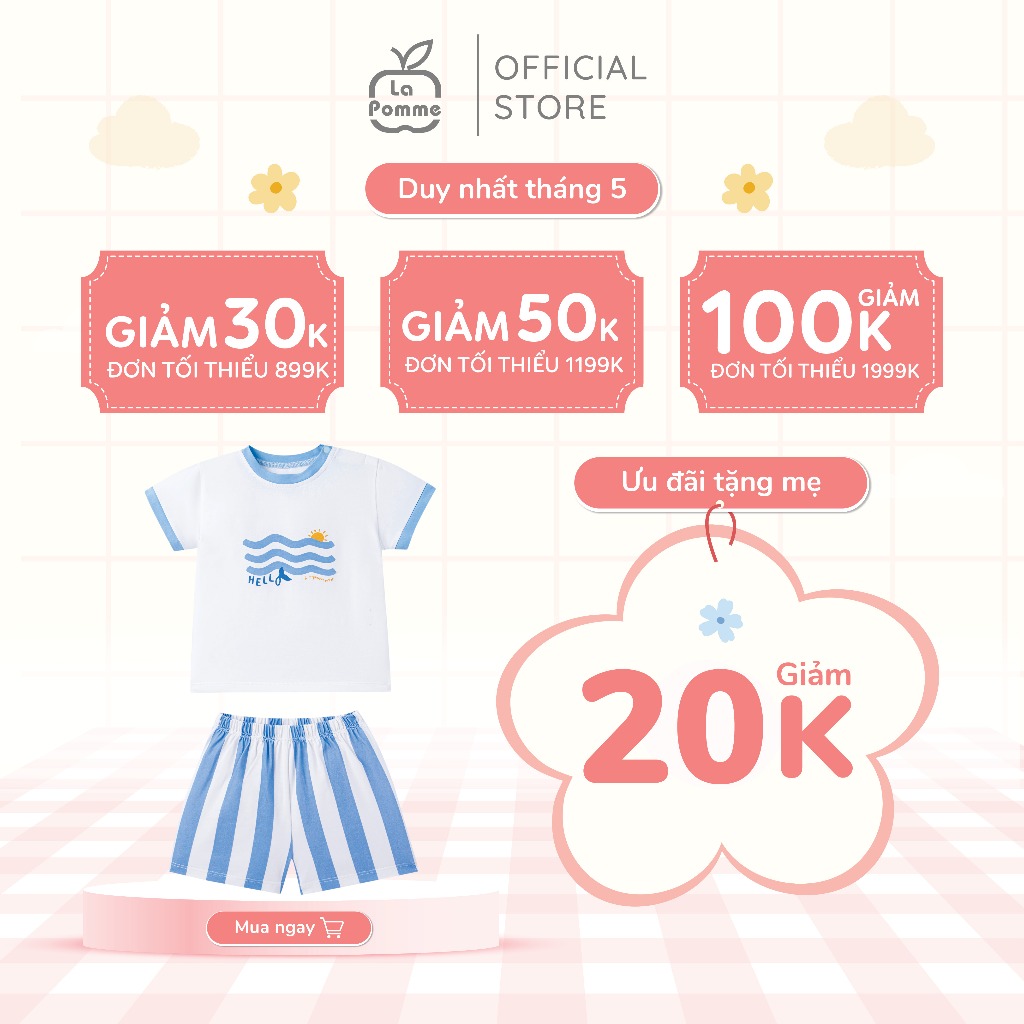 Bộ cộc tay La Pomme chạy thật nhanh cùng sóng biển - Sợi Natural Cotton thoáng mát – Bé trai - 6M - 5Y