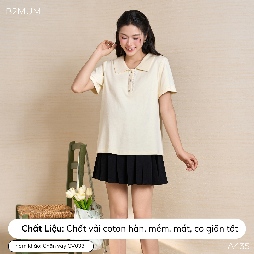 Áo Bầu Thun Cotton Cổ Sen Phối Ren Cúc Ngọc – Dễ Mặc, Dễ Mix/ Match Cùng Quần/ Chân Váy Nimra Shirt A435 By B2MUM