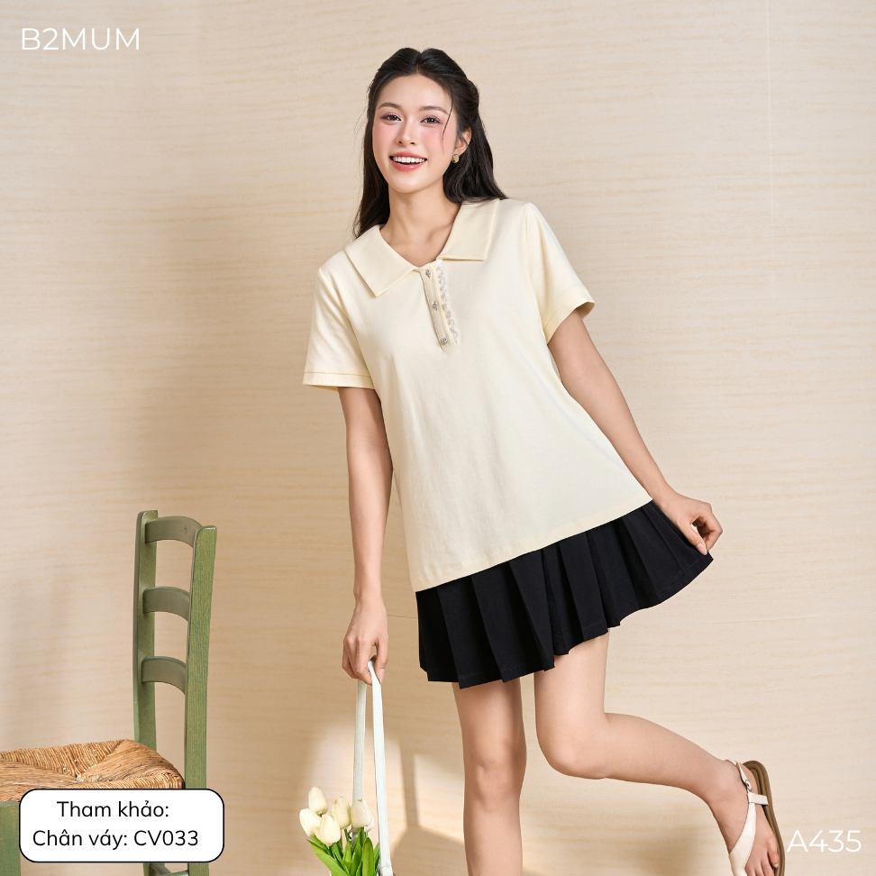 Áo Bầu Thun Cotton Cổ Sen Phối Ren Cúc Ngọc – Dễ Mặc, Dễ Mix/ Match Cùng Quần/ Chân Váy Nimra Shirt A435 By B2MUM