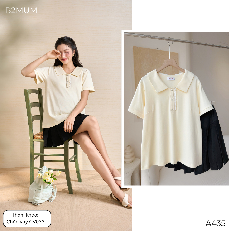 Áo Bầu Thun Cotton Cổ Sen Phối Ren Cúc Ngọc – Dễ Mặc, Dễ Mix/ Match Cùng Quần/ Chân Váy Nimra Shirt A435 By B2MUM