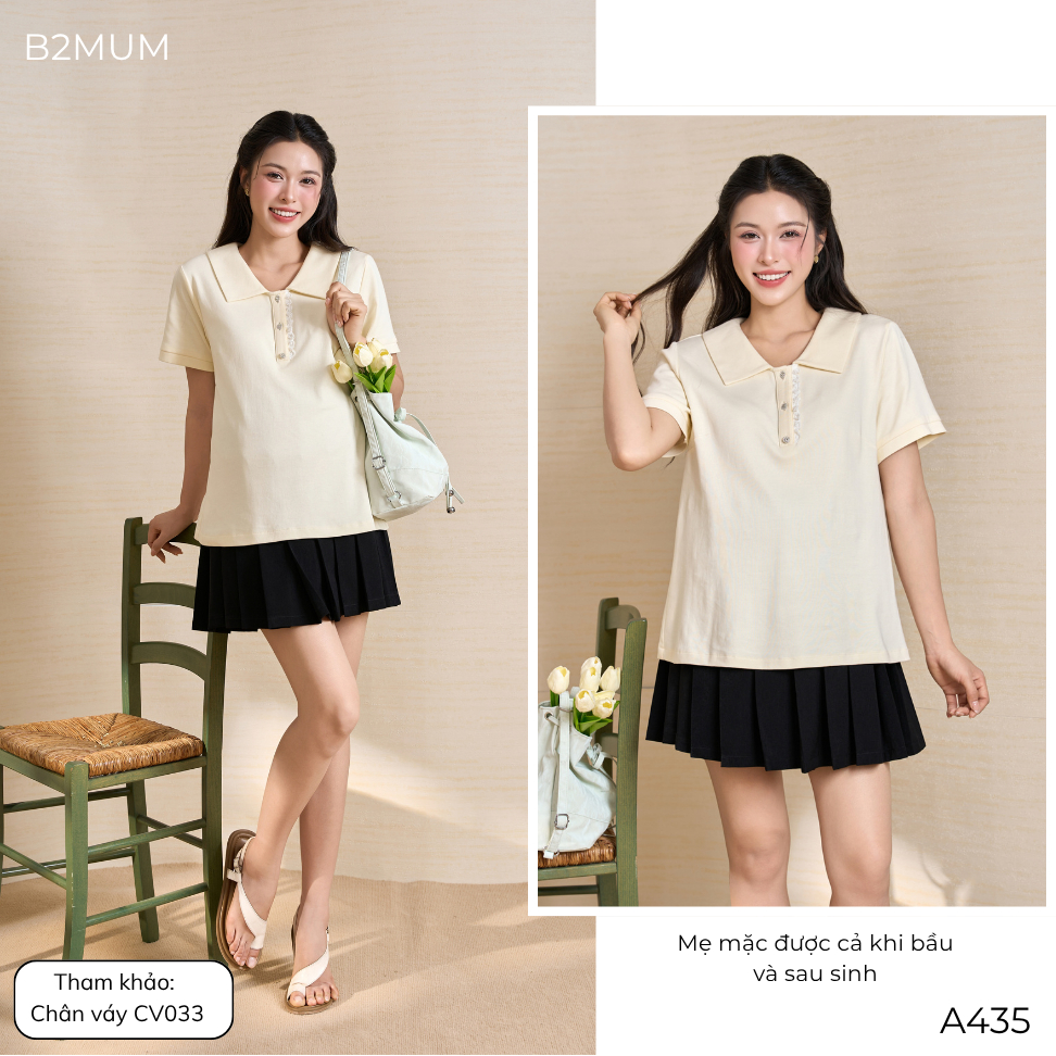 Áo Bầu Thun Cotton Cổ Sen Phối Ren Cúc Ngọc – Dễ Mặc, Dễ Mix/ Match Cùng Quần/ Chân Váy Nimra Shirt A435 By B2MUM