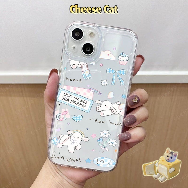 Ốp lưng điện thoại hình cừu kẻ caro xanh dương có nơ cho iPhone 16 12 11 15 14 13 17 Pro Max Xs XR 7 Plus SE trong suốt