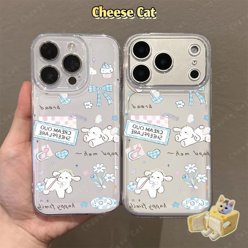Ốp lưng điện thoại hình cừu kẻ caro xanh dương có nơ cho iPhone 16 12 11 15 14 13 17 Pro Max Xs XR 7 Plus SE trong suốt