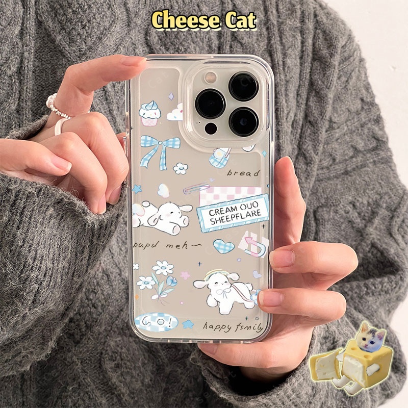 Ốp lưng điện thoại hình cừu kẻ caro xanh dương có nơ cho iPhone 16 12 11 15 14 13 17 Pro Max Xs XR 7 Plus SE trong suốt