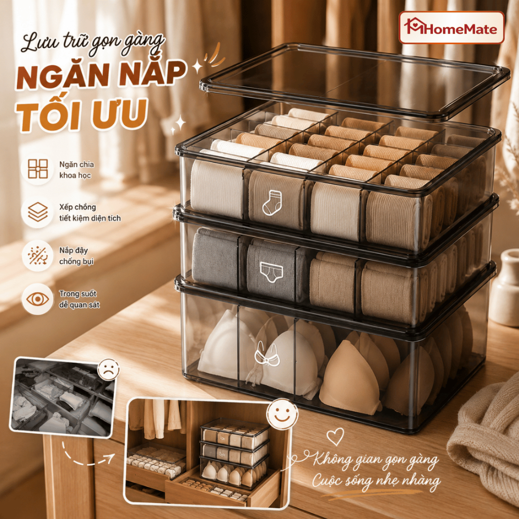 Hộp Đựng Đồ Lót Chia Ngăn HomeMate Trong Suốt Có Nắp Đậy, Hộp Đựng Tất Vớ Phụ Kiện Gọn Gàng Cho Tủ Quần Áo