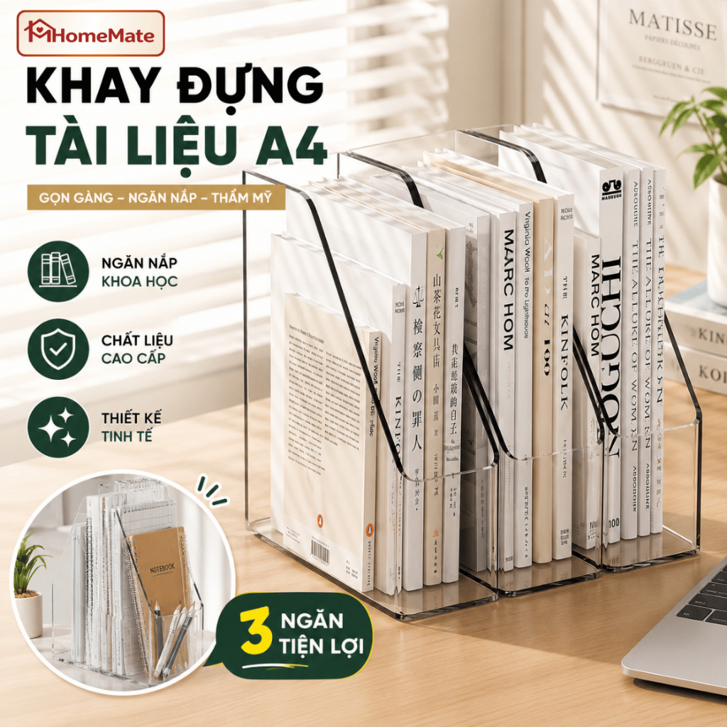 Khay Đựng Tài Liệu A4 Trong Suốt Để Bàn Bằng Acrylic Cao Cấp, Kệ Đựng Hồ Sơ Sách Vở Văn Phòng Gọn Gàng