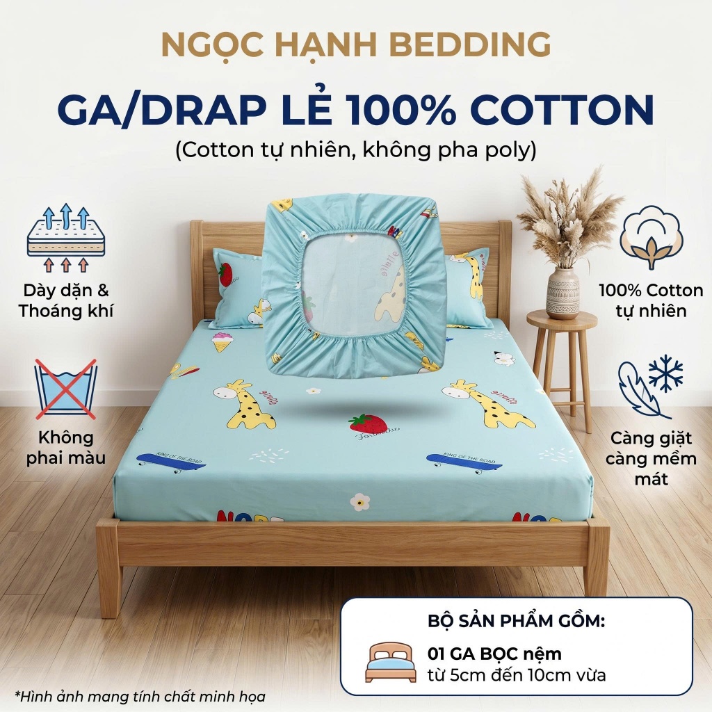 [Ga lẻ không vỏ gối] Ga Giường Vải Cotton 100% Mềm mịn mát, nệm 5cm 10cm - Ngọc Hạnh Bedding
