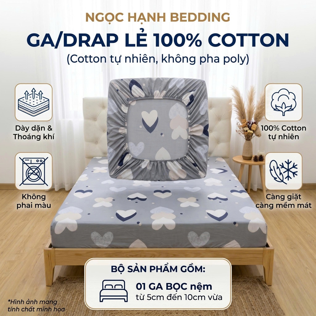 [Ga lẻ không vỏ gối] Ga Giường Vải Cotton 100% Mềm mịn mát, nệm 5cm 10cm - Ngọc Hạnh Bedding