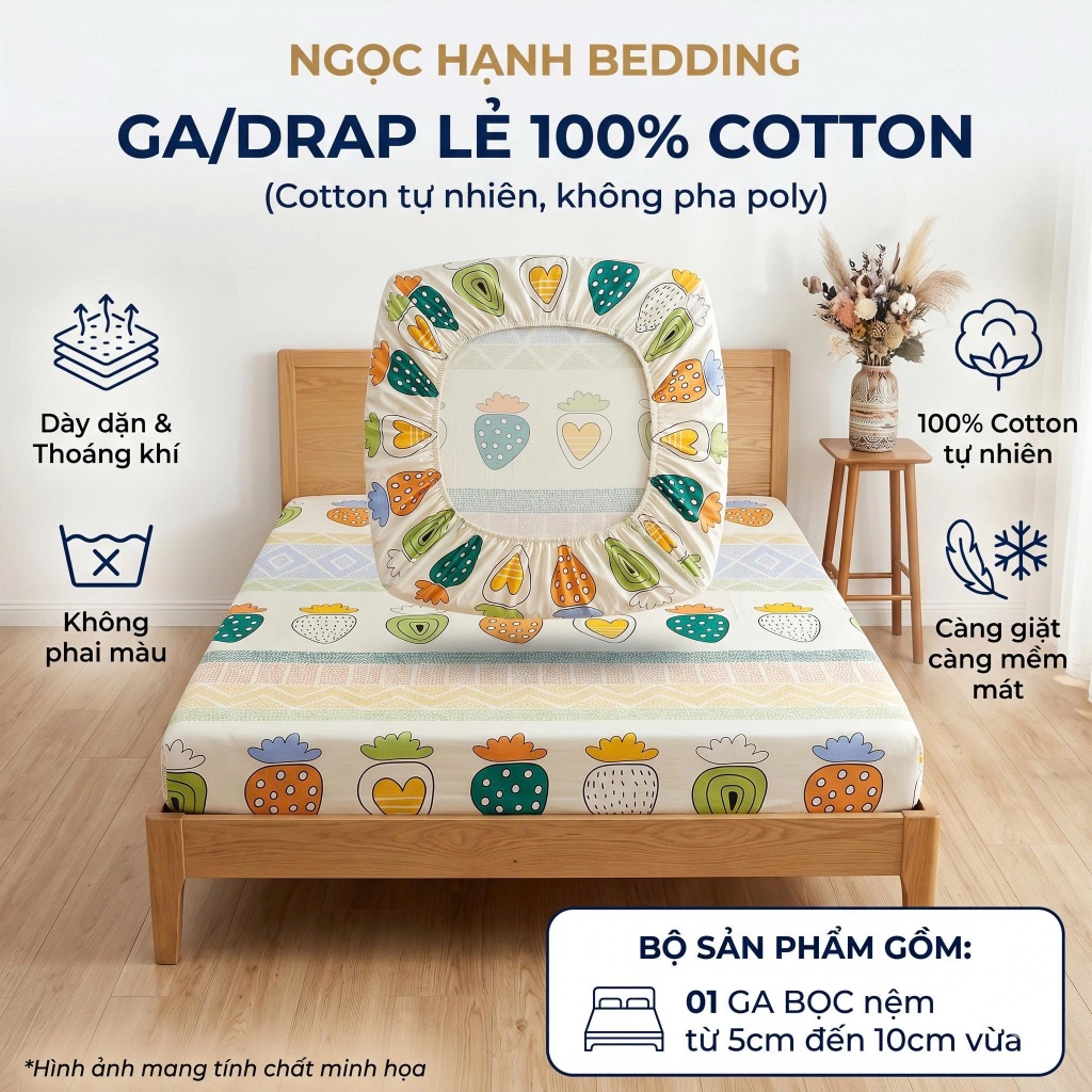 [Ga lẻ không vỏ gối] Ga Giường Vải Cotton 100% Mềm mịn mát, nệm 5cm 10cm - Ngọc Hạnh Bedding