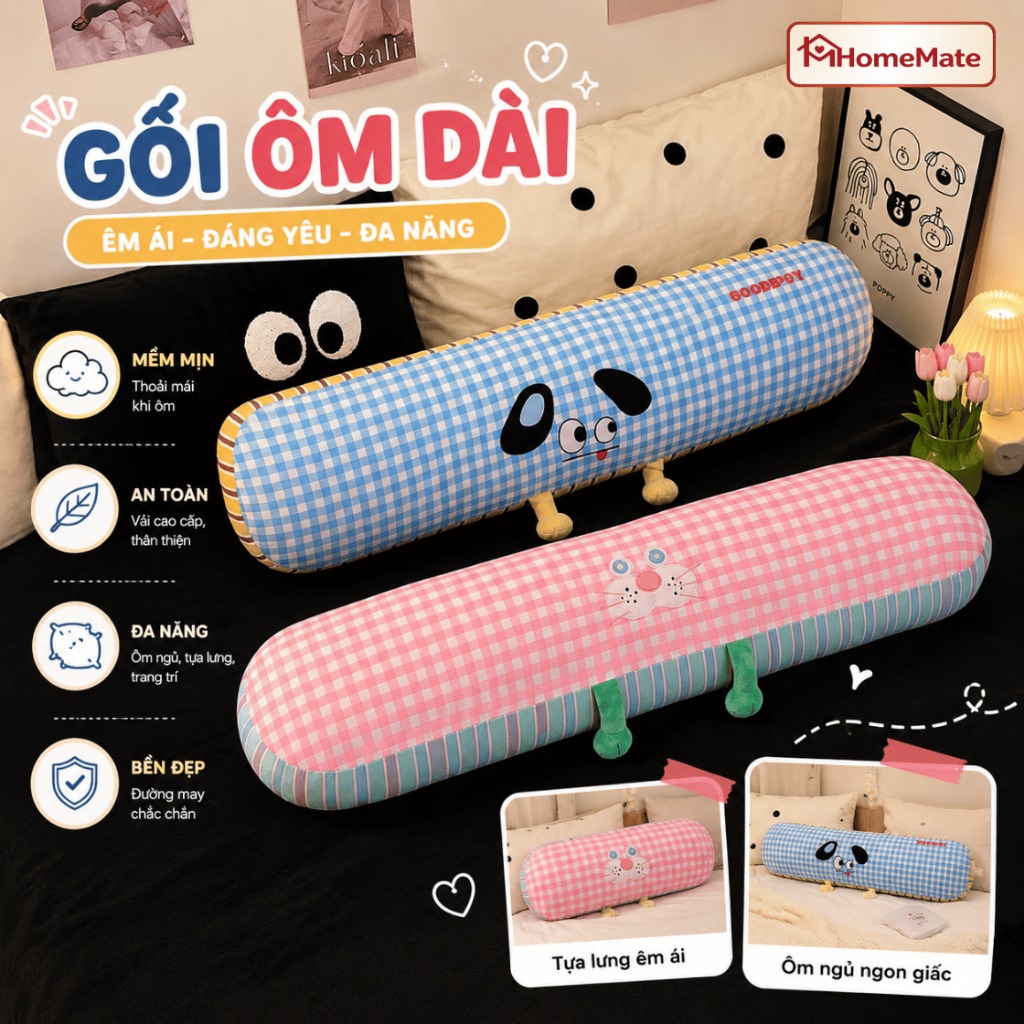 Gối Ôm Dài Hình Thú Kẻ Caro HomeMate, Gối Ôm Ngủ Mềm Mịn Cho Bé Người Lớn Decor Phòng Ngủ