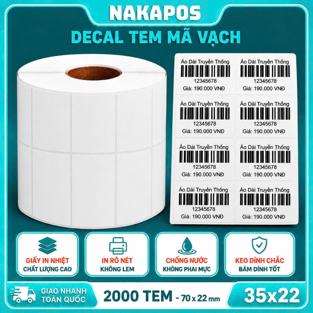 2000 Tem mã vạch nhiệt 35x22 ghi chú 2 Tem giấy in nhiệt Decal in giá 35*22*2 nhãn dán 70x22 rõ nét 72x22 giấy nhiệt