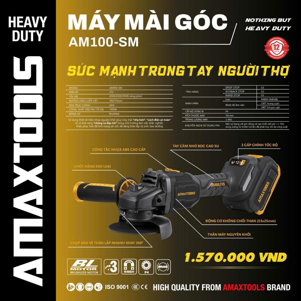 Máy mài góc dùng pin 21V Amaxtools AM100SM- không chổi than- có chống sốc đá-chống khởi động lại