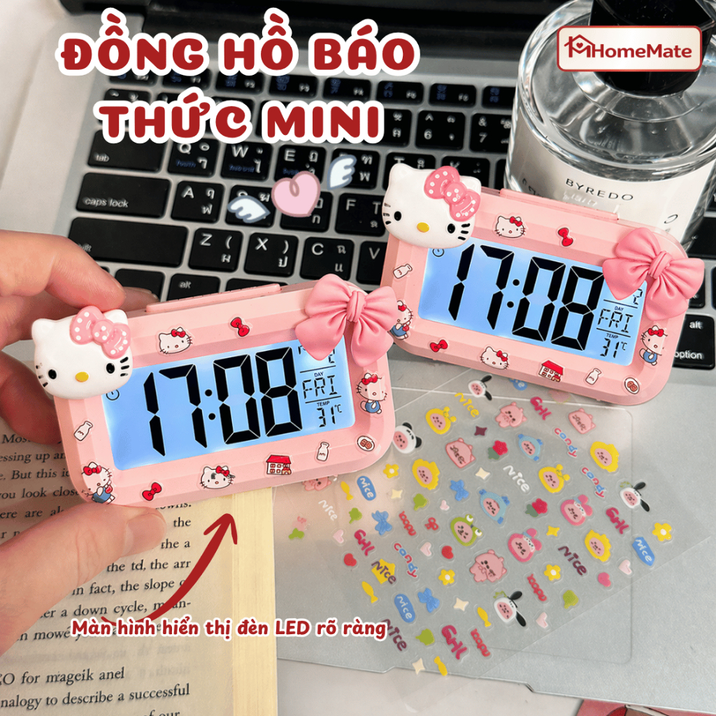Đồng Hồ Báo Thức Điện Tử Hello Kitty Để Bàn LED, Đồng Hồ Mini Hiển Thị  Lịch Ngày Dễ Thương