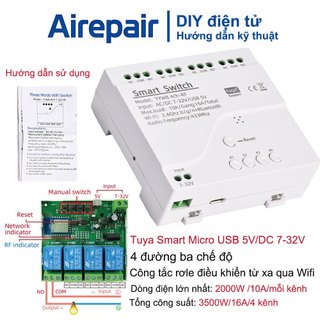 Module công tắc rơle điều khiển từ xa Tuya Wifi 433, 4 kênh, 3 chế độ, Micro USB 5V/DC 7-32V
