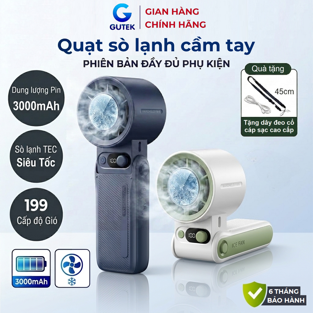 Quạt cầm tay sò lạnh pin sạc tích điện gấp gọn để bàn 199 tốc độ gió - Gutek K228