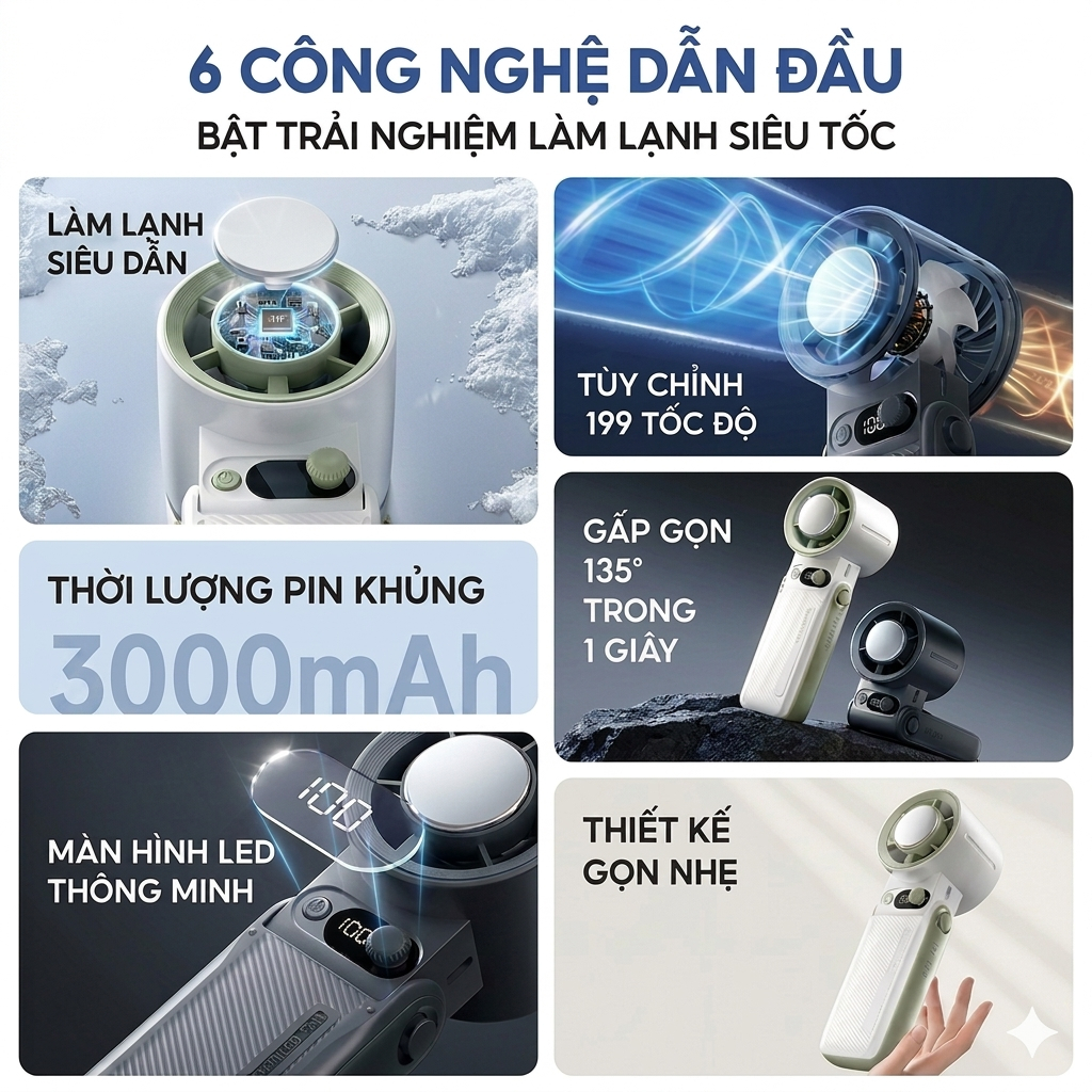 Quạt cầm tay sò lạnh pin sạc tích điện gấp gọn để bàn 199 tốc độ gió - Gutek K228