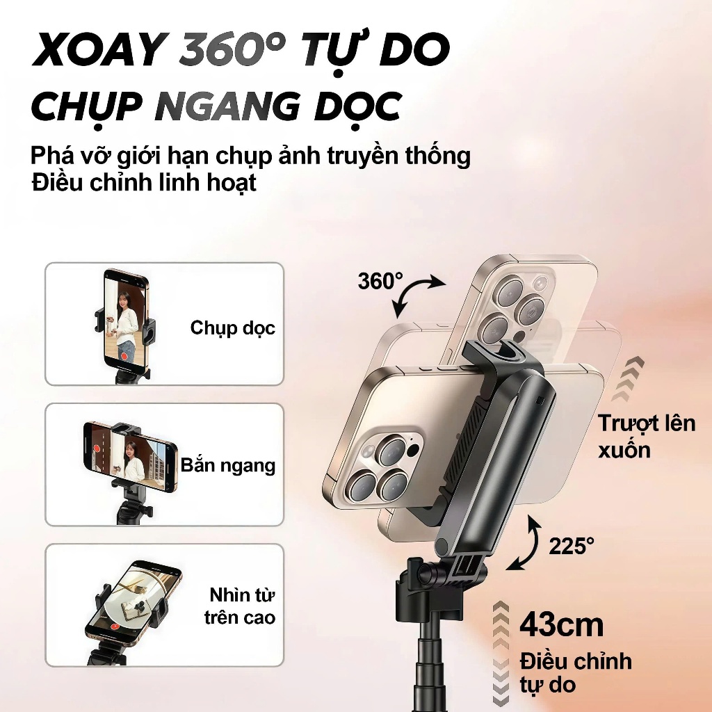Gậy chụp ảnh selfie 4 chân bluetooth kim Tripod điện thoại có tay cầm xoay 360 độ quay video, chân livestream chống rung
