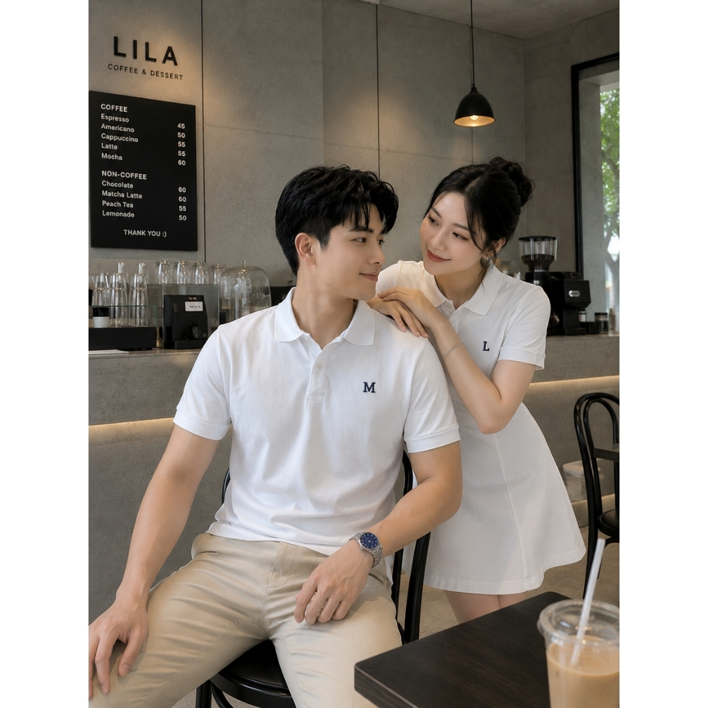 Áo polo nam, váy polo nữ đồ đôi thêu chữ cái A-Z theo yêu cầu vải cotton co giãn, quà tặng người yêu