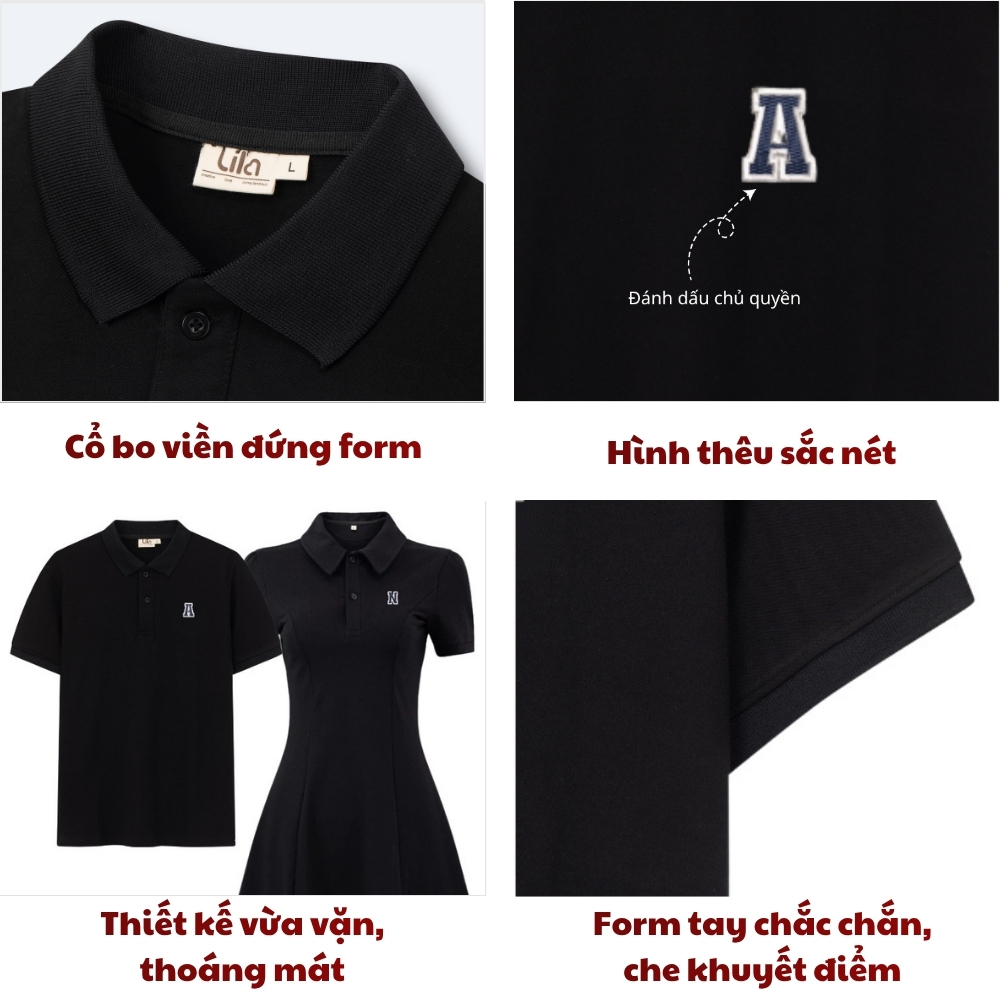 Áo polo nam, váy polo nữ đồ đôi thêu chữ cái A-Z theo yêu cầu vải cotton co giãn, quà tặng người yêu
