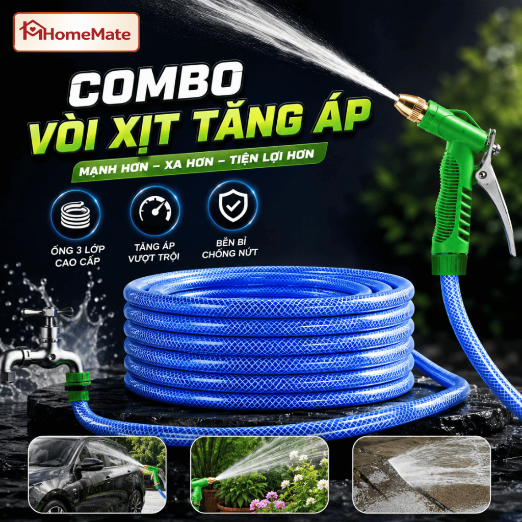 Vòi Xịt Tăng Áp Rửa Xe 8 Chế Độ HomeMate, Bộ Vòi Tưới Cây Dây Co Giãn Rửa Sân Phun Nước Áp Lực Cao