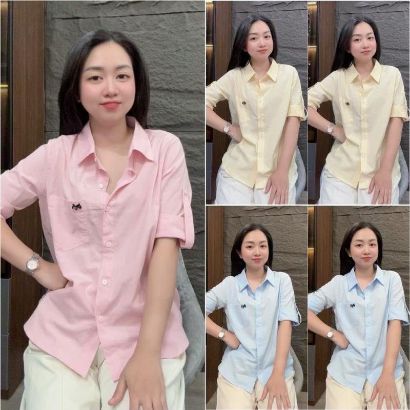 HT33. Áo sơ mi tay lửng trơn gắn tag ngựa Size S M L XL 40-70kg Chất liệu mềm mịn mặc mát Thiết kế đơn giản dễ kết hợp