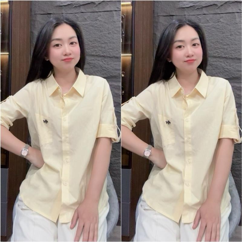 HT33. Áo sơ mi tay lửng trơn gắn tag ngựa Size S M L XL 40-70kg Chất liệu mềm mịn mặc mát Thiết kế đơn giản dễ kết hợp