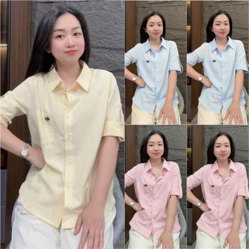HT33. Áo sơ mi tay lửng trơn gắn tag ngựa Size S M L XL 40-70kg Chất liệu mềm mịn mặc mát Thiết kế đơn giản dễ kết hợp