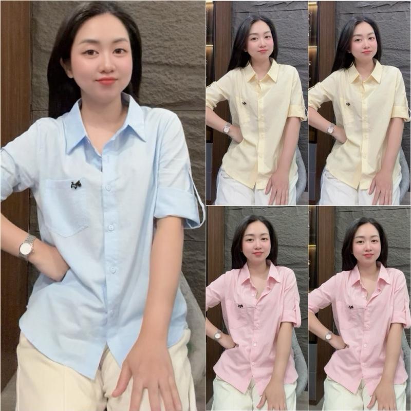 HT33. Áo sơ mi tay lửng trơn gắn tag ngựa Size S M L XL 40-70kg Chất liệu mềm mịn mặc mát Thiết kế đơn giản dễ kết hợp
