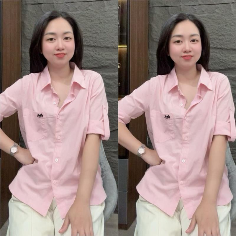 HT33. Áo sơ mi tay lửng trơn gắn tag ngựa Size S M L XL 40-70kg Chất liệu mềm mịn mặc mát Thiết kế đơn giản dễ kết hợp