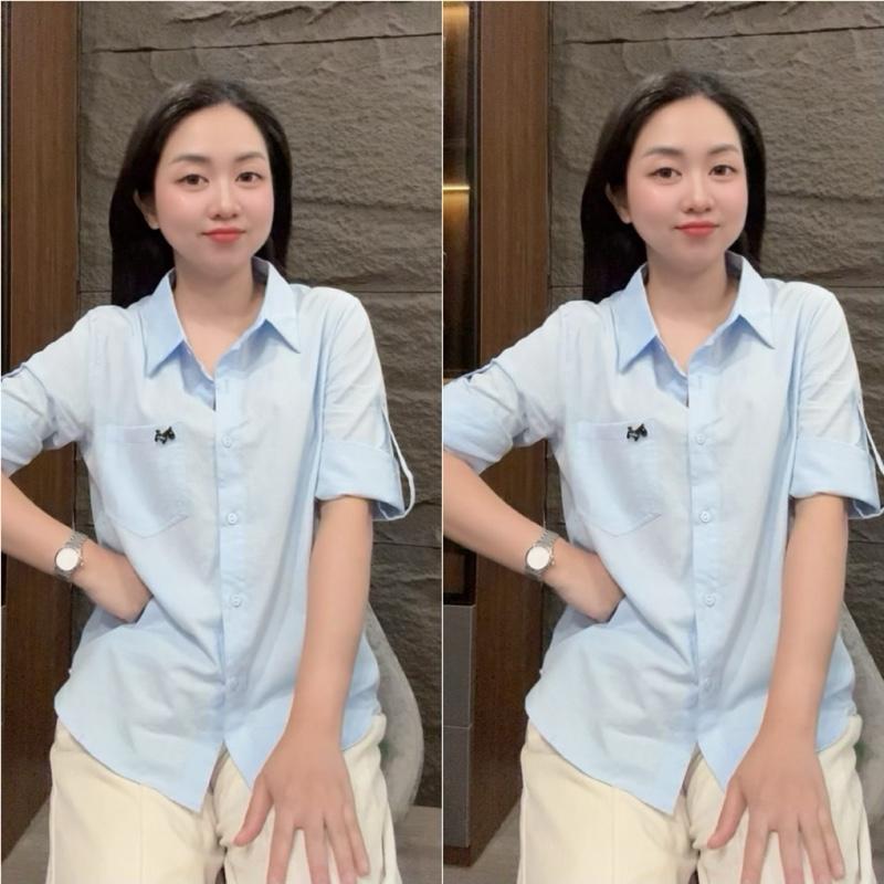 HT33. Áo sơ mi tay lửng trơn gắn tag ngựa Size S M L XL 40-70kg Chất liệu mềm mịn mặc mát Thiết kế đơn giản dễ kết hợp