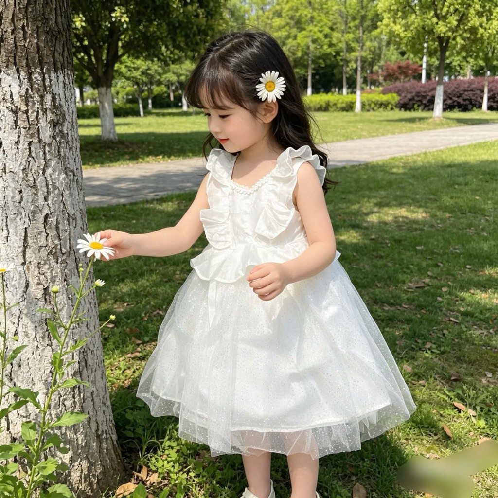 Đầm Công Chúa Bé Gái Trắng Dệt Nổi Cánh Tiên Xinh Xắn S833 Size 6-8T (21-30kg)