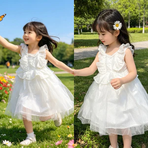 Đầm Công Chúa Bé Gái Trắng Dệt Nổi Cánh Tiên Xinh Xắn S833 Size 6-8T (21-30kg)