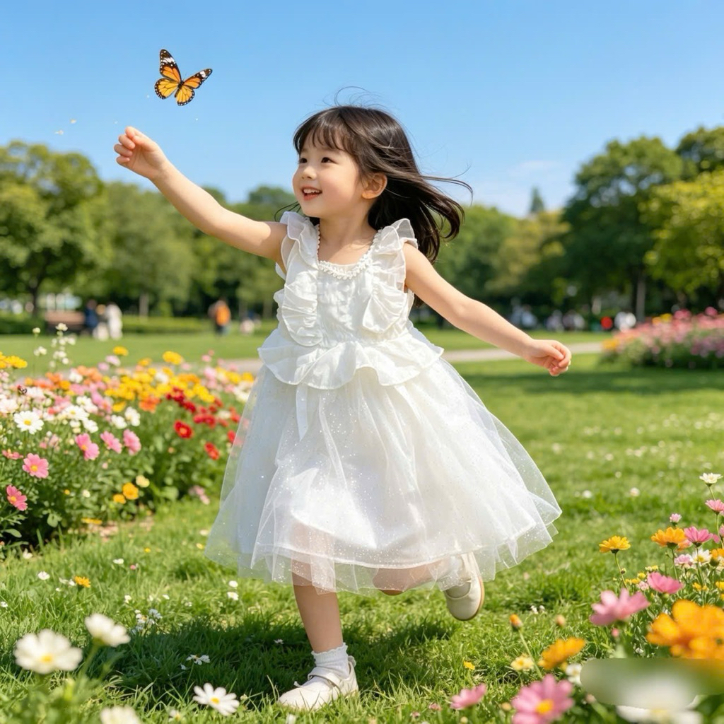 Đầm Công Chúa Bé Gái Trắng Dệt Nổi Cánh Tiên Xinh Xắn S833 Size 6-8T (21-30kg)