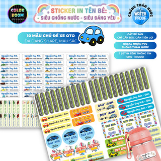 In Tên theo yêu cầu -Set Sticker Dán Đồ Dùng Cho Bé -Hình Oto -Decal PVC chống thấm - Colorboom