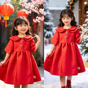 Váy Đỏ Bé Gái Cổ Cánh Sen Đính Nơ Ngọc AG0142 Cao Cấp Mặc Noel Tết Dự Tiệc Công Chúa 90-150cm 11-38kg