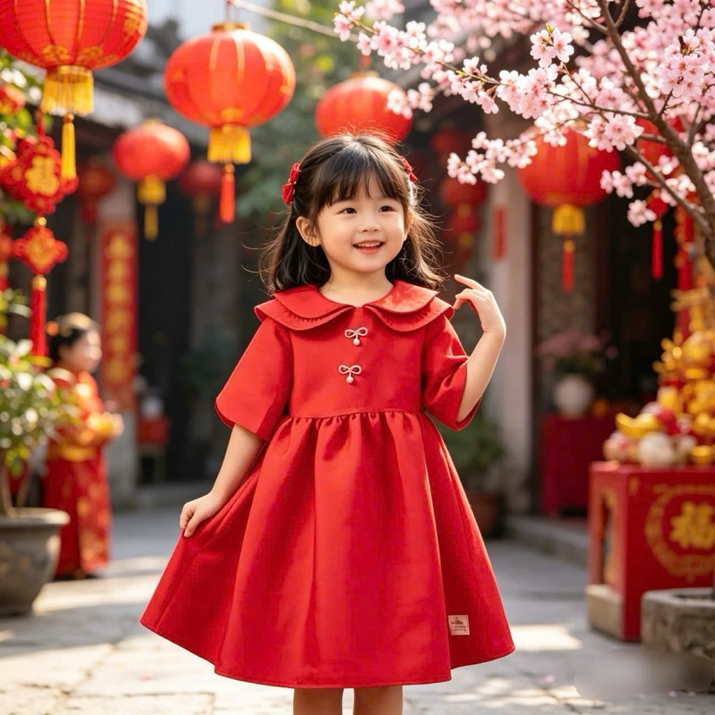 Váy Đỏ Bé Gái Cổ Cánh Sen Đính Nơ Ngọc AG0142 Cao Cấp Mặc Noel Tết Dự Tiệc Công Chúa 90-150cm 11-38kg