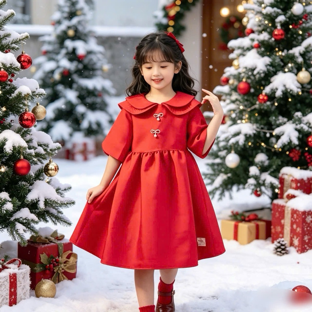 Váy Đỏ Bé Gái Cổ Cánh Sen Đính Nơ Ngọc AG0142 Cao Cấp Mặc Noel Tết Dự Tiệc Công Chúa 90-150cm 11-38kg