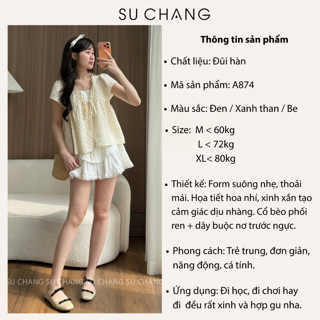 Áo Babydoll Viền Bèo Cộc Tay Hoa Nhí Nơ Ngực Phối Ren Boi Trắng A874 Su Chang Thời Trang Nữ