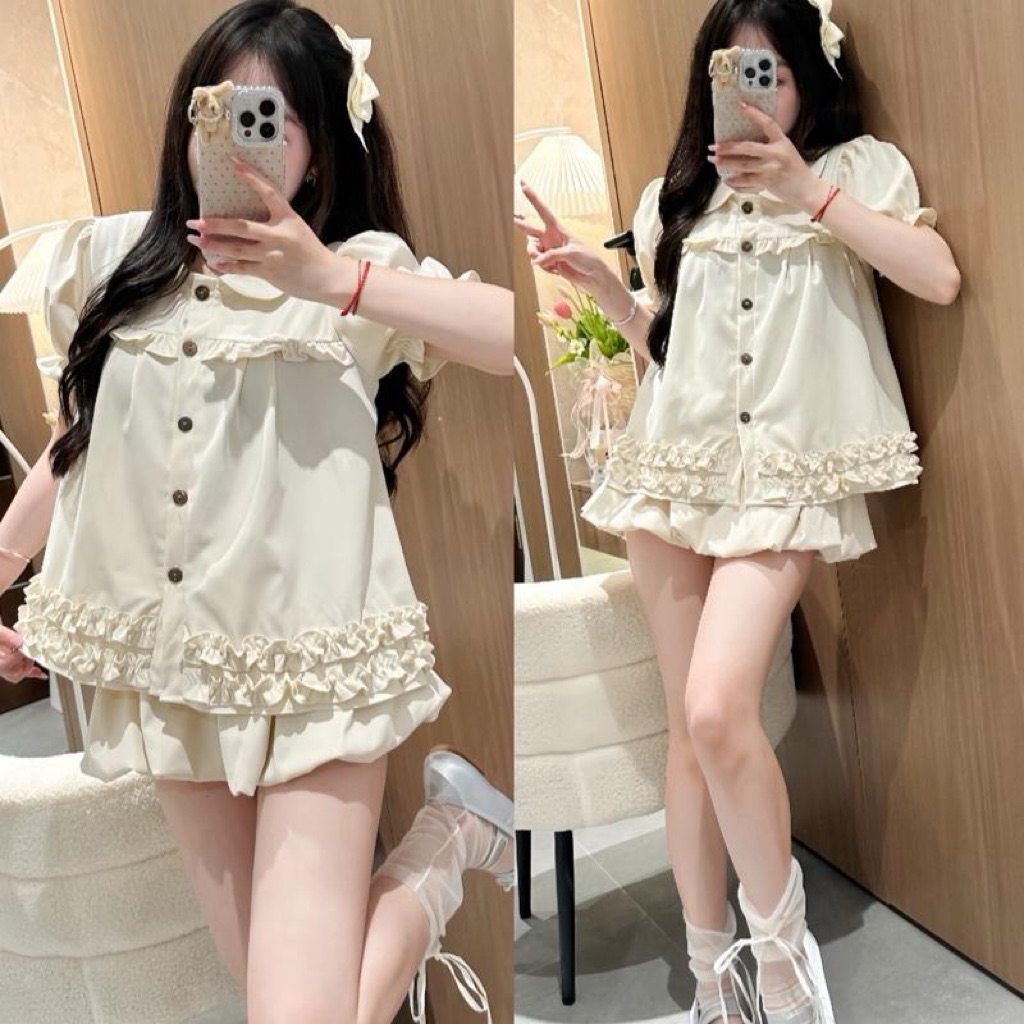 (LẺ ÁO) Áo Sơ Mi Babydoll Nữ Kiểu Cổ Sen Phối Bèo Mùa Hè Phong Cách Tiểu Thư Dilyshop - A150