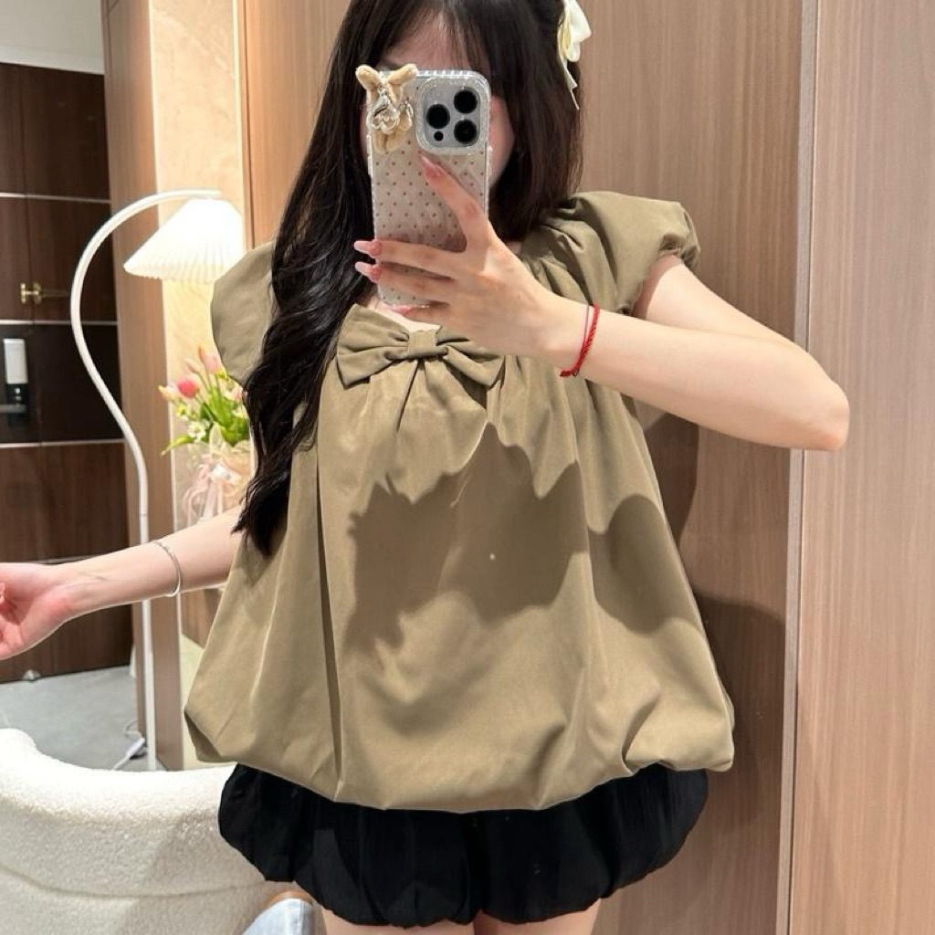 (LẺ ÁO) Áo Kiểu Cổ Rộng Dáng Bồng Phối Nơ Ngực Dilyshop - A149